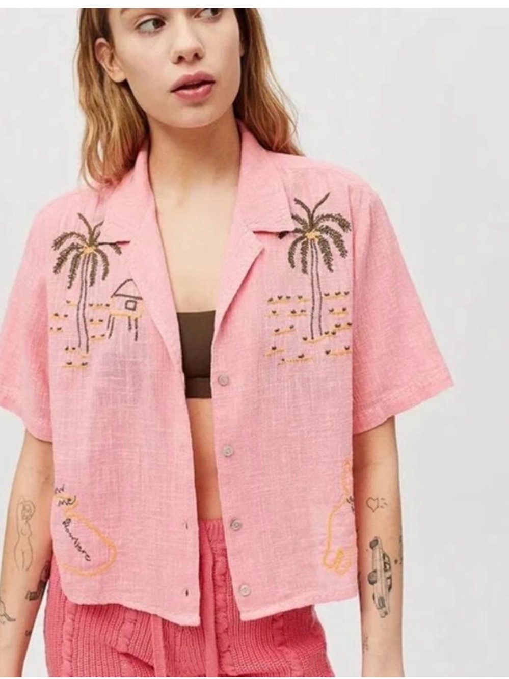 Urban Outfitters Holiday Sunshine Embroidered Palm Shirt